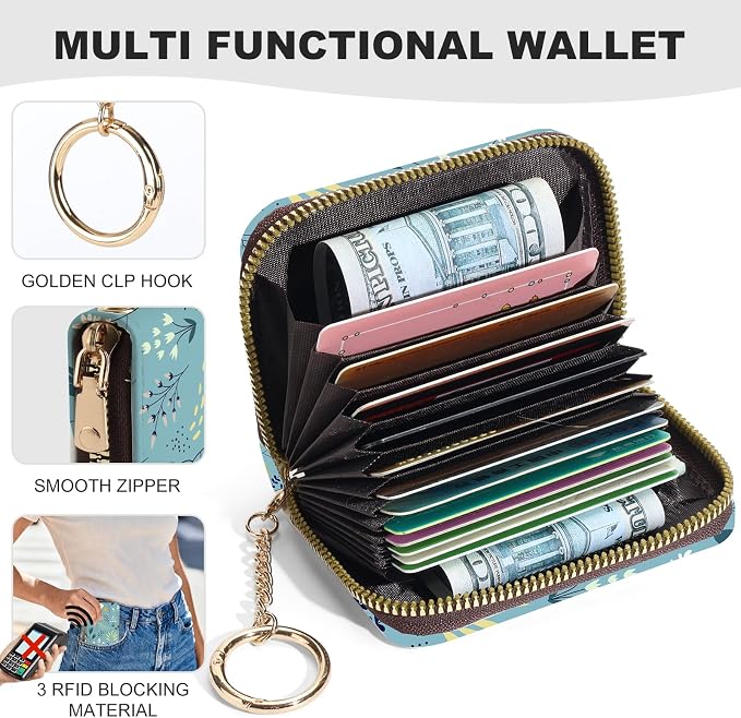 Credit Card Holder for Women,Small Rfid Wallet with Keychain Zipper,Cute PU Leather Card Case Wallet，Accordion Credit Card Wallets Gift,Blue Grass White Flowers - Image 2