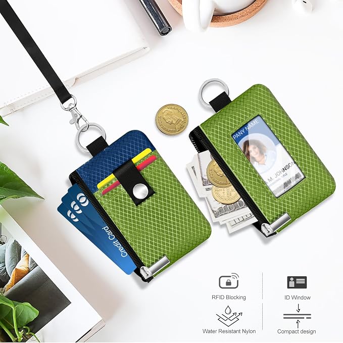 Minimalist RFID Blocking Small Wallet with ID Window,WaterResistant Zip Id Case Wallet with Lanyard Keychain for Cards,Cash,Travel,Women,Men (Olive Green/Electric Blue) - Image 8