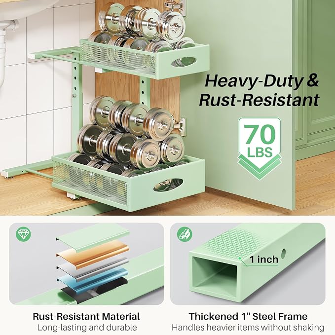 Under Sink Organizer, 2-Pack Pull Out Cabinet Organizer 2 Tier Metal Slide Out Storage Shelf Rack, L-Shaped Adjustable Height,Mesh Sliding Drawer for Kitchen, Bathroom, Laundry, Pantry, Green, XL - Image 6