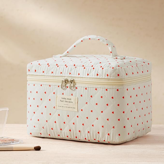 HBselect Quilted Makeup Bag, 3Pcs Cotton Large Travel Makeup Bags Organizer | Cute Floral Make up Bag Cosmetic Bag Toiletry Bag for Women Girls, Makeup Pouch for Skincare, Brushes & Travel Essentials - Image 5
