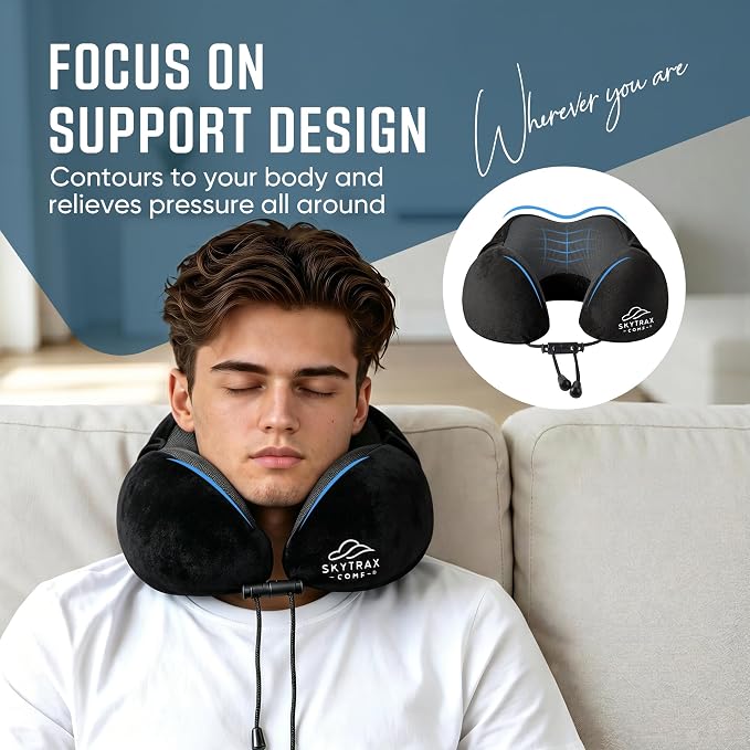 SkytraxComf® Travel Neck Pillow with Hood for Privacy on Long Flights | Memory Foam | Airplane Sleep | Safety-Tested Materials | Extra Large Hood | Chin Support | Earplugs | Washable Cover - Image 5