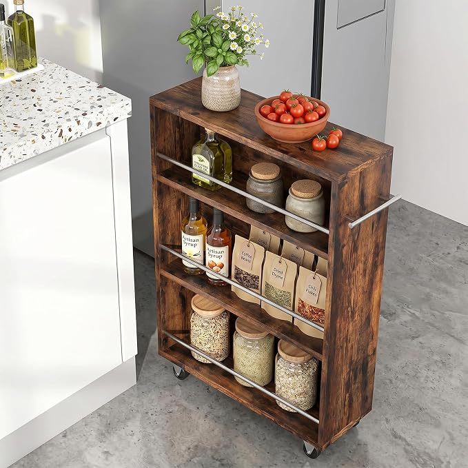 4-Tier Slim Rolling Cart with Wheels, 7.9"W Narrow Storage, Rustic Brown | 4 adjustable MDF shelves (20 lbs each), 360° casters + side handle, Fits kitchen, laundry, bathroom & dorm tight gaps - Image 6
