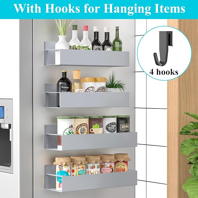 HuggieGems 4 Pack Magnetic Spice Storage Rack Organizer for Refrigerator and Oven, Gray Fridge Organizers and Storage | Magnetic Shelves Heavy Duty for Fridge in Kitchen, Seasoning Storage Organizer, For Oven Washer and Dryer, For Heavier Items - Image 2