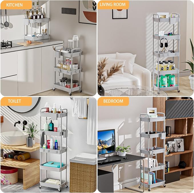 5 Tier Rolling Utility Cart with Handle,REBECAT Utility Cart Made of Multifunctional Storage Organizer Tool for Kitchen,Bathroom,Living Room,Office(Gray) - Image 6