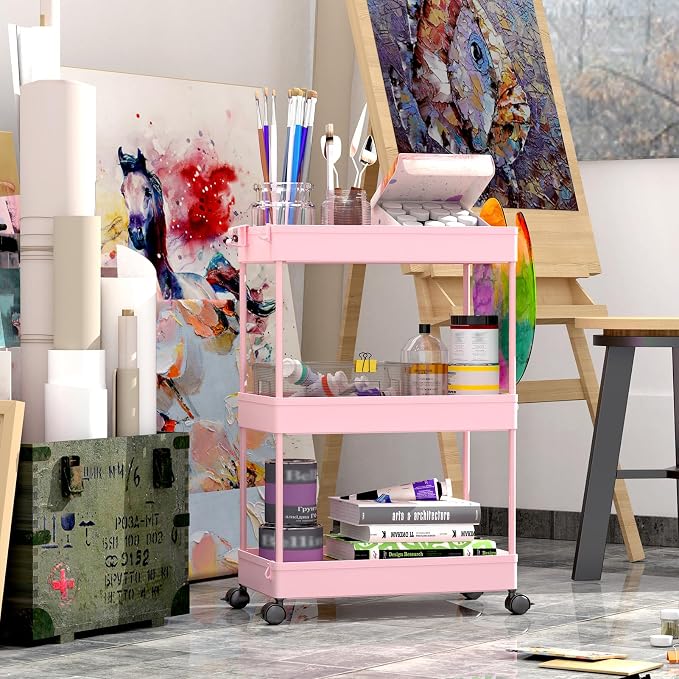 SPACEKEEPER 3 Tier Rolling Cart, Bathroom Cart Organizer with Wheels, Pink | Mobile Storage Cart for Laundry Room Organization,Kitchen,Office,Bathroom, Utility Cart for Snack,Craft,Art,Makeup,Nail,Toys - Image 2