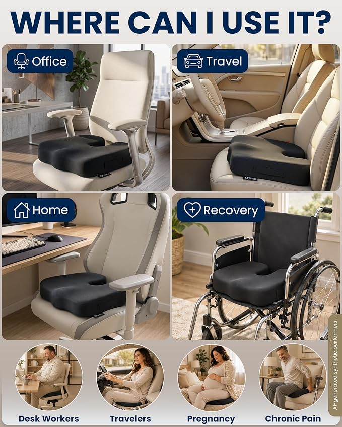 5 STARS UNITED Seat Cushion - Memory Foam Chair Cushion for Tailbone Pain Relief - Ergonomic Support for Coccyx, Sciatica & Butt - Office, Desk & Gaming Chair, Car Seat, Wheelchair, Airplane, Black - Image 3