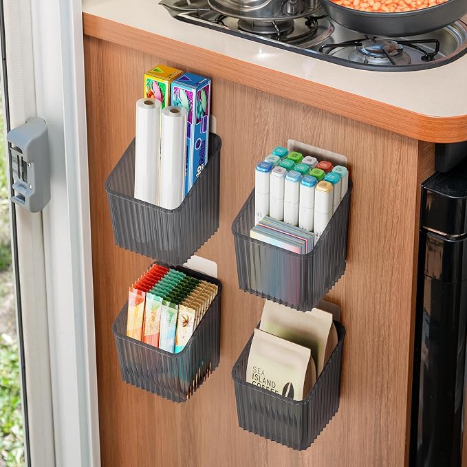 NiHome 4-Pack Cabinet Door Organizer, Adhesive RV Camper Wall Storage Caddy | No-Drill Plastic Bin With Drain Holes For Kitchen Bathroom Pantry Organization, Space Saving Small Item Holder, Gray - Image 4