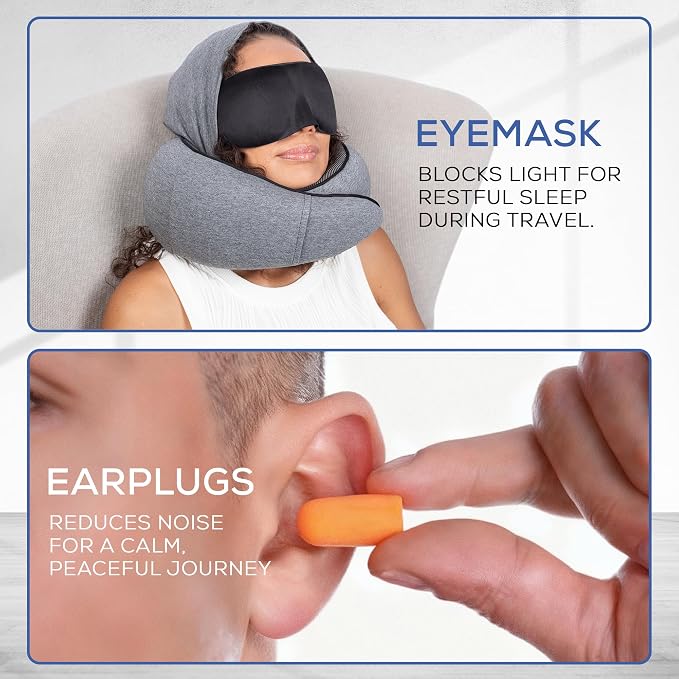 Travel Neck Pillows for Airplanes – Sleep Comfortably on Long Flights, Roadtrips, Home or Office. All-in-One Travel Sleep Kit with Hood, Eyemask and Earplugs - Image 8