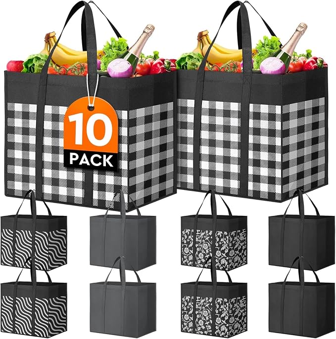 Reusable Grocery Shopping Bags 10 Pack Large Foldable Tote Bags Bulk | Eco Produce Bags with Long Handle for Shopping Groceries Clothes (Plaid D) by WiseLife