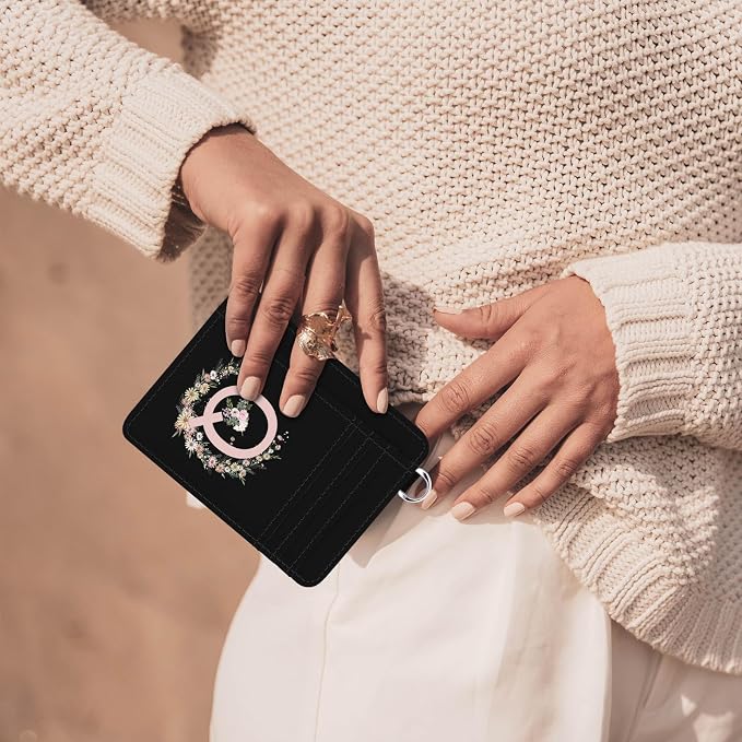 Credit Card Holder for Women,RFID Small Wallet Blocking Credit Card Holder,Slim Minimalist Wallet,Leather Card Case Holder With Keychain (Black-Q) - Image 7