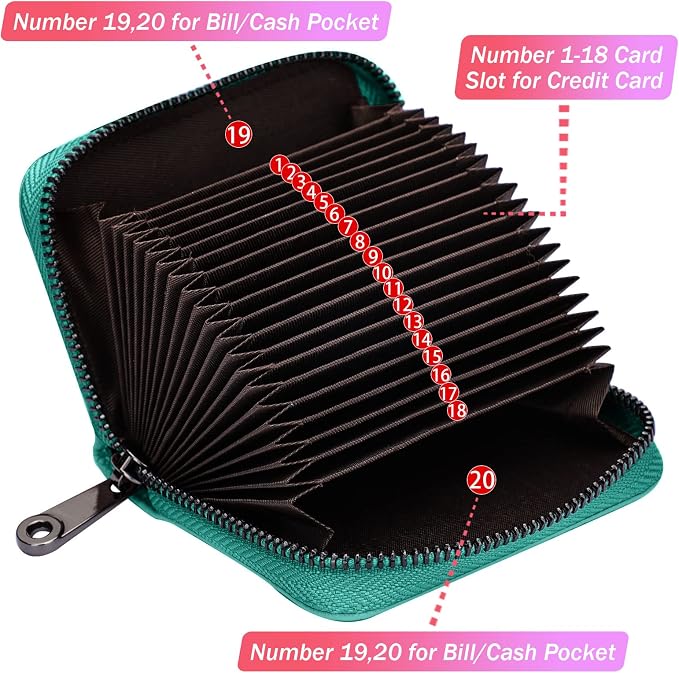 Linno RFID 20 Slots Credit Card Holder Genuine Leather Small Wallet for Women or Men with Zipper - Image 2