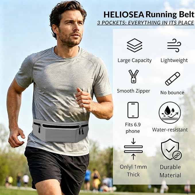 Running Belt for Men Women, Ultra-thin Run Belt with Pockets Secure Adjustable Fanny Pack Marathon Jogging Runners Belt for Phone, Keys & Essentials - Fits 6.9'' Phones (Gray, Large) - Image 3