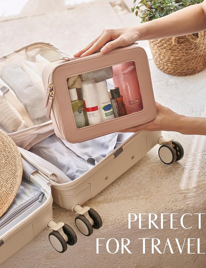 Clear Makeup Case Set Pink Toiletry Bag Travel Large Clear Cosmetic Bag with Zipper, Big Make Up Bag Organizer Women Traveling TSA Approved Transparent Bag Car for Essentials | Structured Mahjong Tile Bag with Zipper and Handle, Big Long-trip Cosmetic ... - Image 5