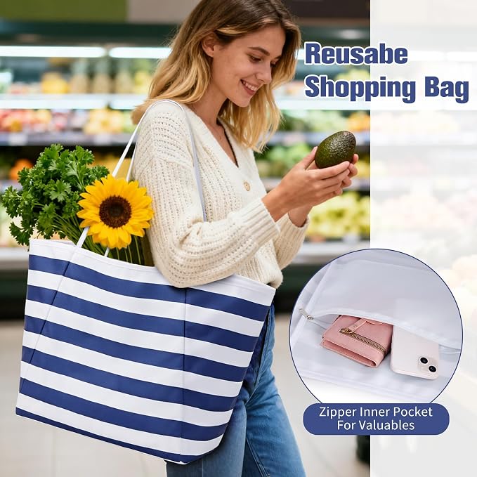 KALIDI Beach Tote Bag Women Large Waterproof Sandproof Shoulder Handbags | Foldable Grocery Bag Striped Pool Bag Lightweight Travel Purse for Picnic Travel Vacation Casual Errands Everyday Daily - Image 3