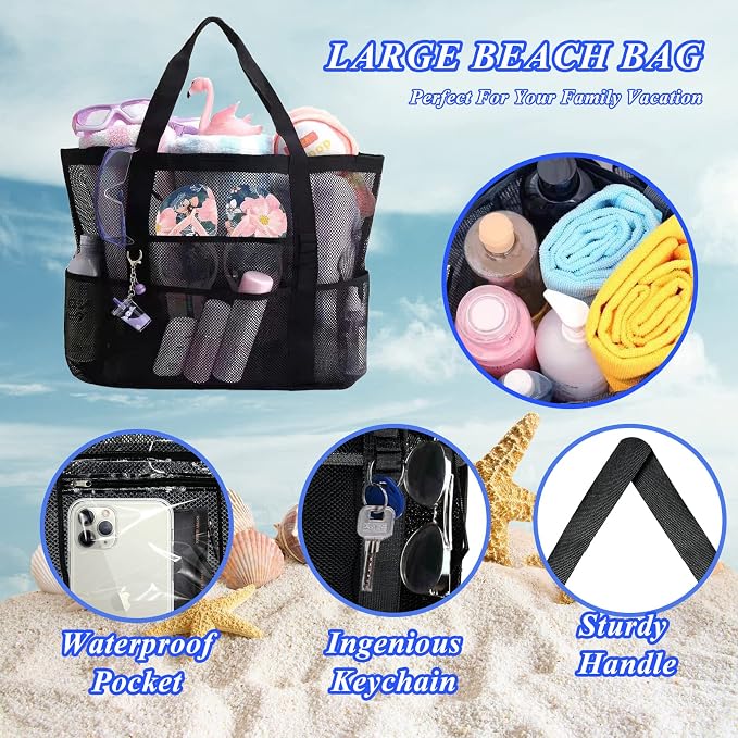 Large Mesh Beach Bag - Lightweight & Foldable Family Beach Bag with 9 Pockets for Toys, Towels & Vacation Essentials - Image 5