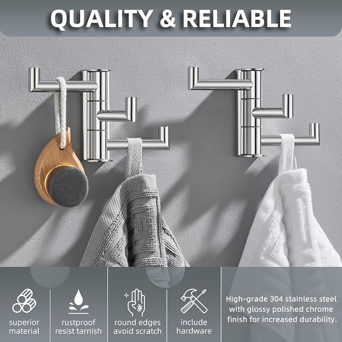 Angle Simple Swivel Towel Hooks, Robe Coat Hook 2 Pack, Polished Chrome | 304 Stainless Steel, Foldable Hand Towel Holder for Bathroom Kitchen Closet Cabinet, Compact Space Saver, Screws Wall Mount - Image 3