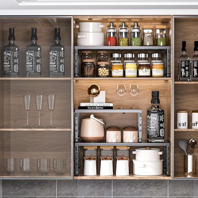 Cabinet Shelf Organizer, Spice Rack,Stackable, Expandable, Rust Resistant, Convenient Kitchen Storage, Metal Shelf for Kitchen, Countertop, Restroom(3Packs/Black,Medium) - Image 9