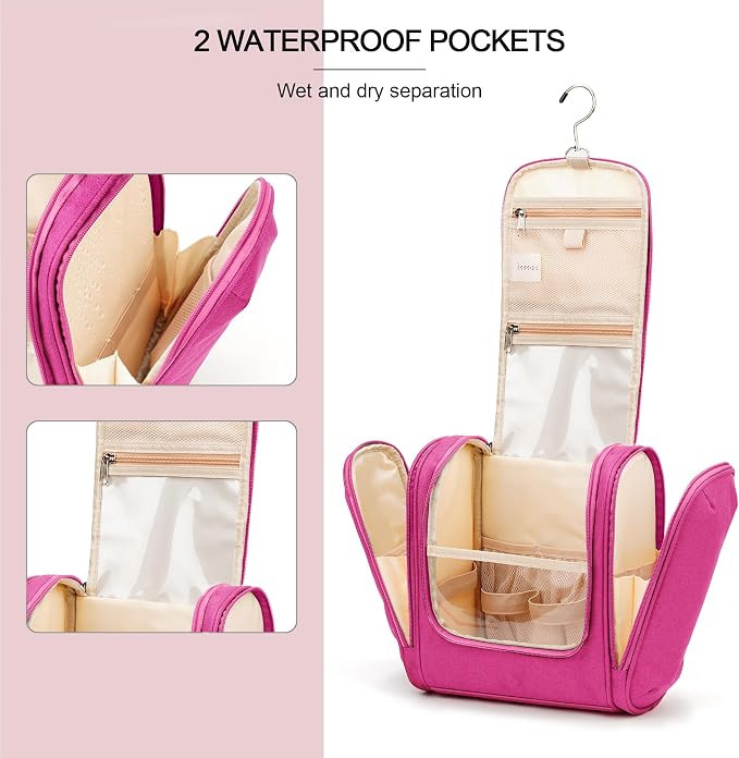 Hanging Travel Toiletry Bag for Women and Men, 6 Organizer Compartments, Large Toiletries essentials, Bathroom Cosmetic Accessories, Water-resistant Makeup Bag, Holds Full-Size Shampoo, Rose Red - Image 4