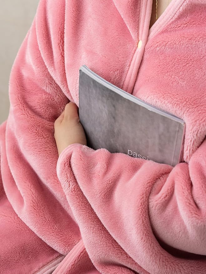 Shawl Blanket Pillow 2-in-1 with Sleeves for Office, Work, Home (Blossom Pink, 40x60) - Wearable Adult Snuggie Coat Poncho, Airplane Travel Set, Fleece Shoulder Wrap for Men and Women - Image 3