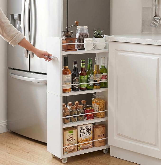 Slim Rolling Storage Cart,4 Tier White Rolling Utility Cart Slide Out Rack | Narrow Spice Rack Organizer Trolley for Kitchen Bathroom Larundry Small Corner 7.7inch wide - Image 2