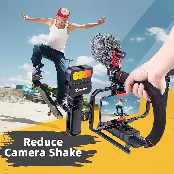 Zeadio All-in-One Video Rig Kit, Handheld Stabilizer with Aluminum Phone Cage, RGB LED Light & Shotgun Microphone, Perfect for Vlogging YouTube TikTok Filmmaking etc - Image 4