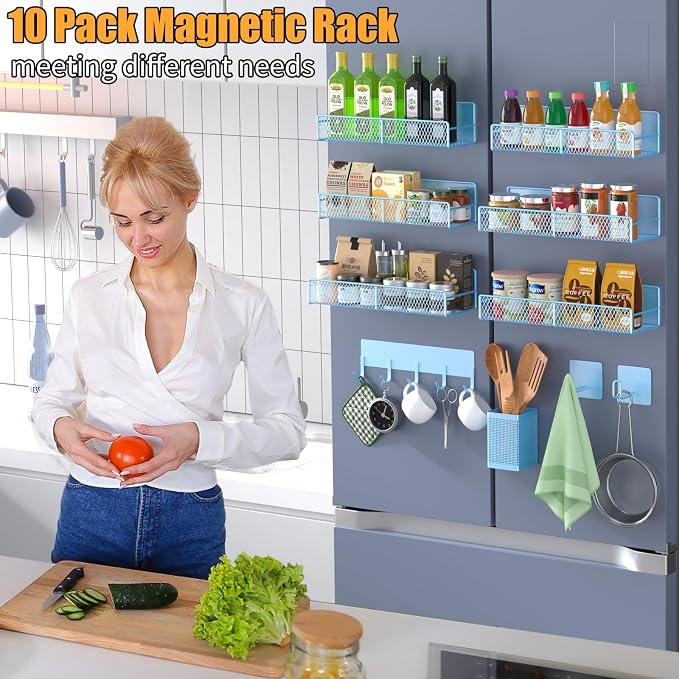 Magnetic Spice Rack for Refrigerator, 10 Pack Metal Magnetic Shelf, Moveable Spice Organizer with Hook Rack, Paper Towel Holder, Kitchenware Holder, Strong Magnetic Storage Fridge Organizer Blue - Image 6