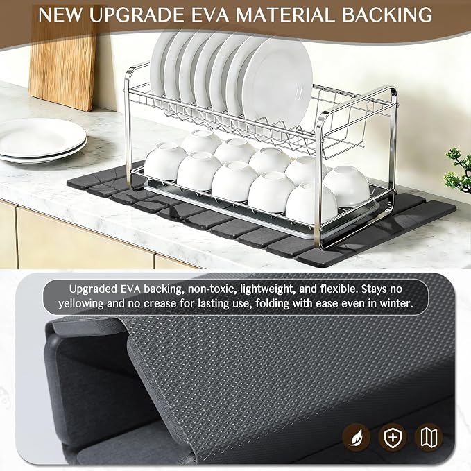 Large Stone Dish Drying Mat for Kitchen Counter, Thin & Light Quick Dry Stone Dishes Mats, Foldable Water Absorbing Diatomite Drying Pad for Kitchen Bathroom Sink Countertop (Gray Ink 24"×16" & 8"x4") - Image 4