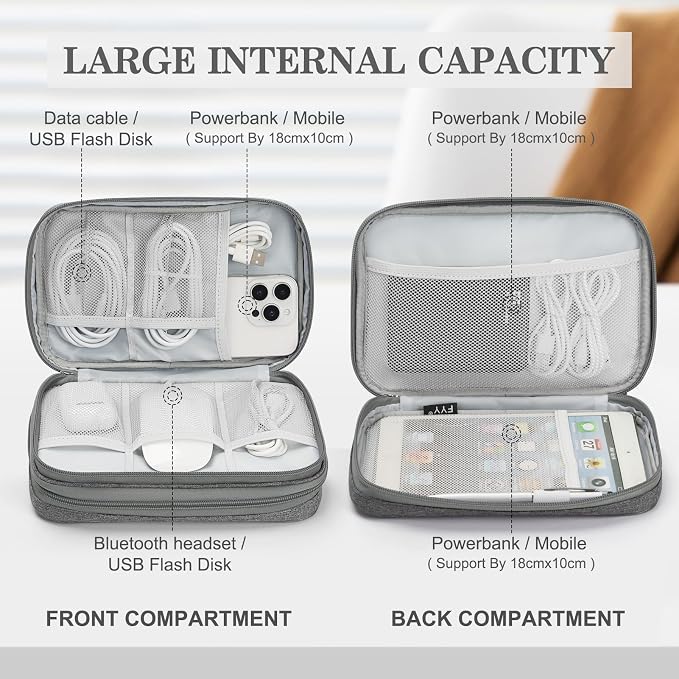 FYY Electronic Organizer, Travel Tech Pouch Bag, Large, Dark Grey | Wrist Strap, Waterproof, Double Layers Portable Electronics Travel Carrying Case for Cord, Charger, Daily Business Trips Use - Image 3