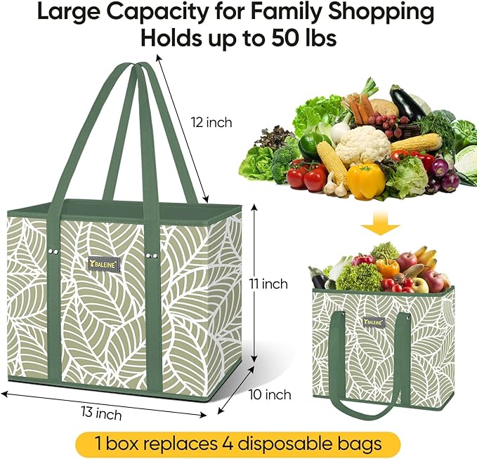 BALEINE 6PK Reusable Grocery Bags, Heavy Duty Shopping Tote Bag | 12'' Long Handles, Reinforced Bottom Keeps Upright, Fold Flat Storage, Water-Resistant Shopping Bag, Multiple Color Options - Image 4