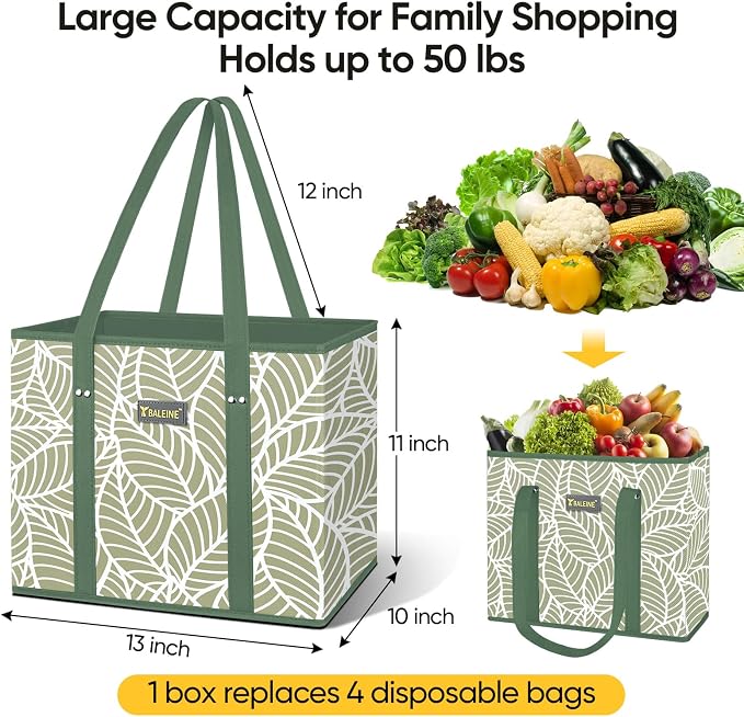 BALEINE 3PK Reusable Grocery Bags, Heavy Duty Shopping Tote Bag | 12'' Long Handles, Reinforced Bottom Keeps Upright, Fold Flat Storage, Water-Resistant Shopping Bag, Multiple Color Options - Image 2