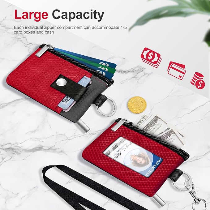 Minimalist RFID Blocking Small Wallet with ID Window,WaterResistant Zip Id Case Wallet with Lanyard Keychain for Cards,Cash,Travel,Women,Men (Red/Dark Grey) - Image 7