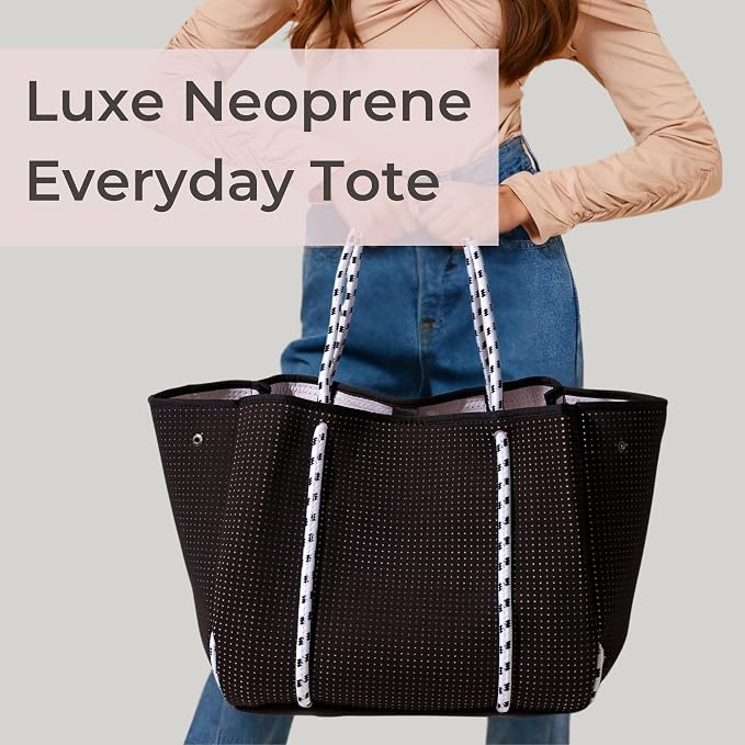 POPUPS Large Neoprene Tote Bag for Women - Everyday Designer Handbag for Travel Work and Beach with Pockets and Zipper Pouch - Image 2