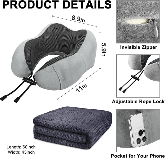 urnexttour Travel Pillow and Blanket Set Neck Pillow Airplane Memory Grey | 43x60 Inch Plane Blanket, Traveling Compact Storage Bag, Eye Mask, and Earplugs for Ultimate Flight Comfort, Women and Men - Image 5