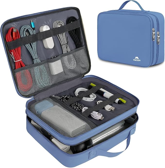 MATEIN USB Cable Organizer Bag, Water Resistant Large Travel Tech Organizer | Electronic Accessories Case with Handle for Tablet, Cable, USB, Hard Drive, Double Layers Travel Gift for Men and Women, Blue by MATEIN