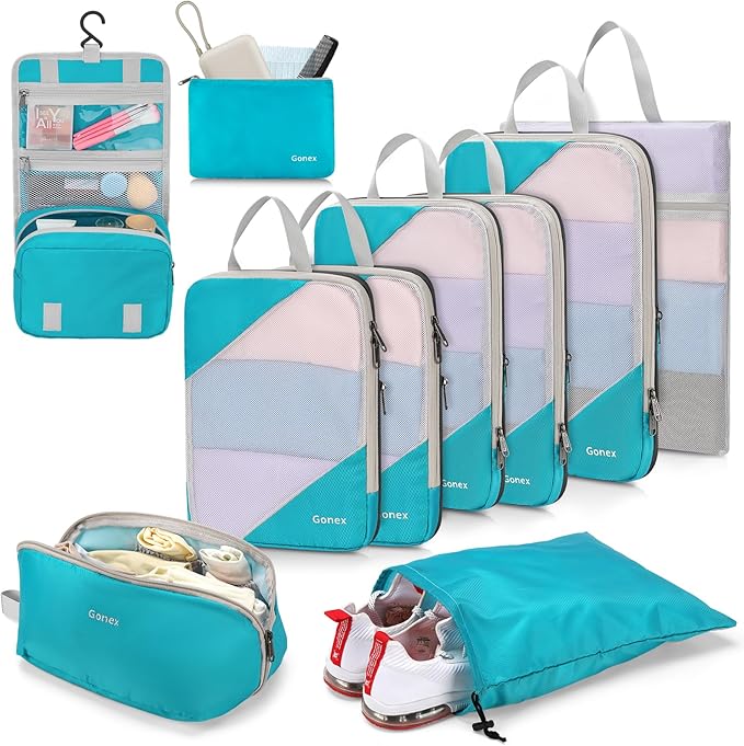 Gonex Compression Packing Cubes for Travel, Mesh Bags Luggage Organizers | Set of 4/5/6/7/10 for Essentials, Extensible, Fits 20"Carry-on Suitcases, See-through Mesh, Double Zipper Compression by Gonex