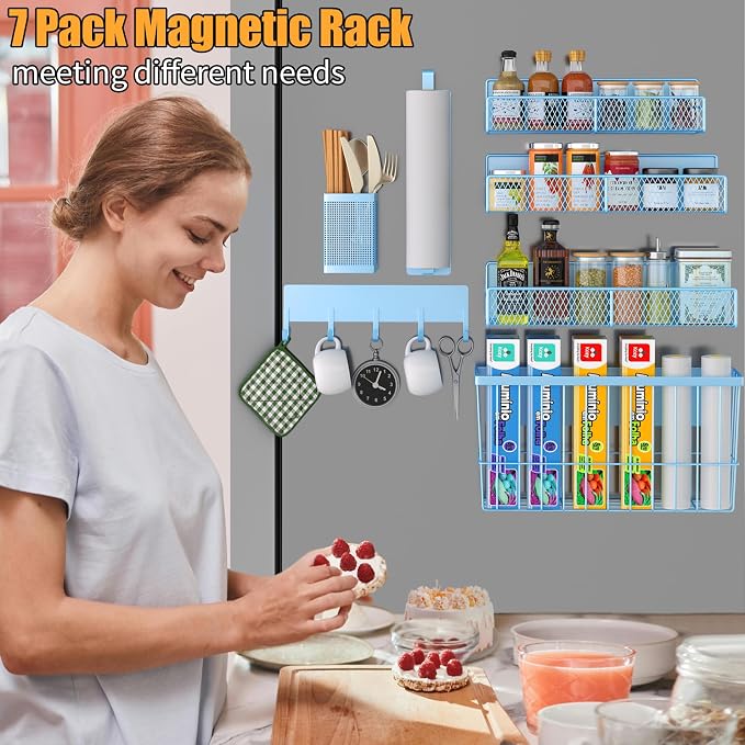 Magnetic Spice Rack for Refrigerator, 7 Pack Metal Magnetic Shelf, Moveable Magnetic Storage Fridge Organizer, Spice Organizer, Hook Rack, Paper Towel Holder, Utensils and Cutting Board Holder, Blue - Image 6
