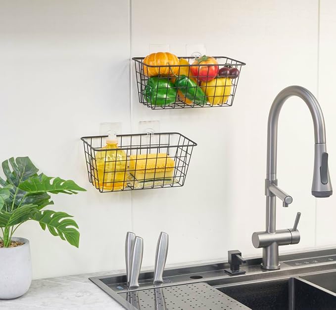JUNCHU CHERRY 2 Pack Hanging Storage Basket, Bathroom Basket, Household Goods, with Traceless Tape, no Drilling, for Cabinet Storage, Kitchen, Bathroom, Storage Room,Black - Image 9