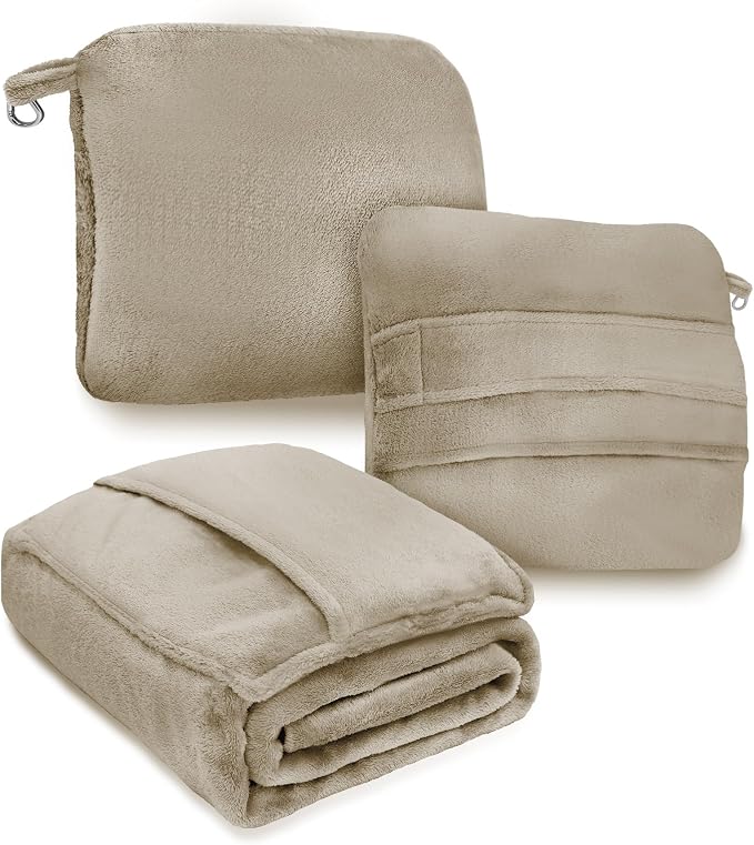DEZ FURNISHINGS 4-in-1 Self-Storing Travel Blanket & Pillow, Soft Fleece Airplane Blanket with Luggage Sleeve & Backpack Clip, 60" x 45", Tan by DEZFurnishings
