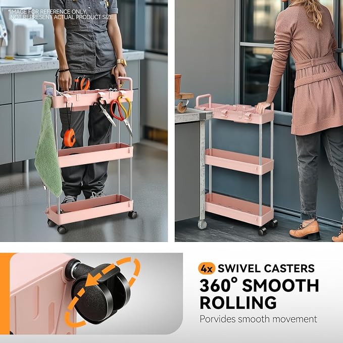 Auto Dynasty 3-Tier Rolling Utility Cart w/Handle, Narrow Storage, Pink | Sturdy Steel Frame, Smooth-Rolling Casters, Multifunctional Shelves, Space-Saving Slim Design, for Office/Kitchen/Bathroom - Image 3