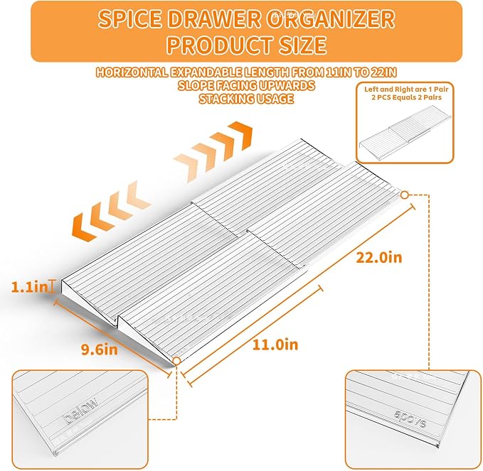4 Pack Adjustable In Drawer Spice Organizer - Expandable From 11'' to 22'' - Acrylic Drawer Seasoning Organizer,Clear Spice Organization Tray for Cabinet Drawers Condiment,Nail Polish and Jar - Image 3