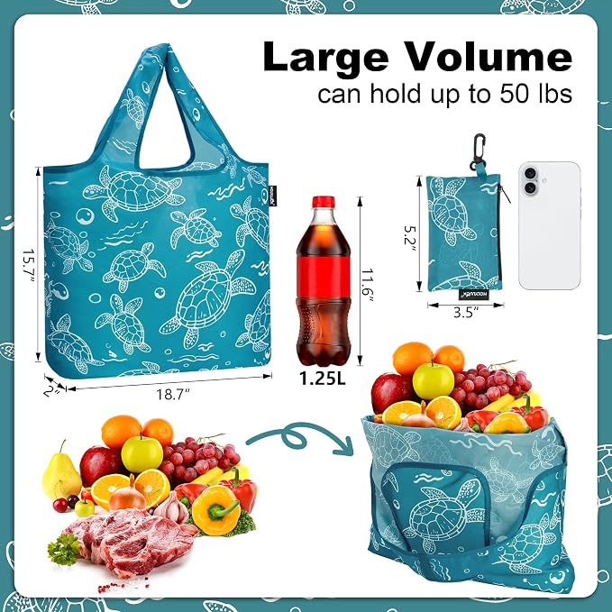 HOLYLUCK Reusable Grocery Bags,Heavy Duty Foldable Shopping Tote Bag (Standard, 3 Turtle) - Image 3