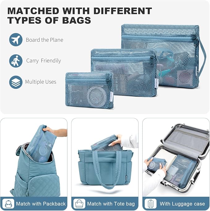 NOL 3-Pack Mesh Travel Toiletry Bags - Clear Zipper Travel Organizer, Airport Carry-On Compliant Reusable Cosmetic Makeup Bag for Women & Men (Dusty blue) - Image 3