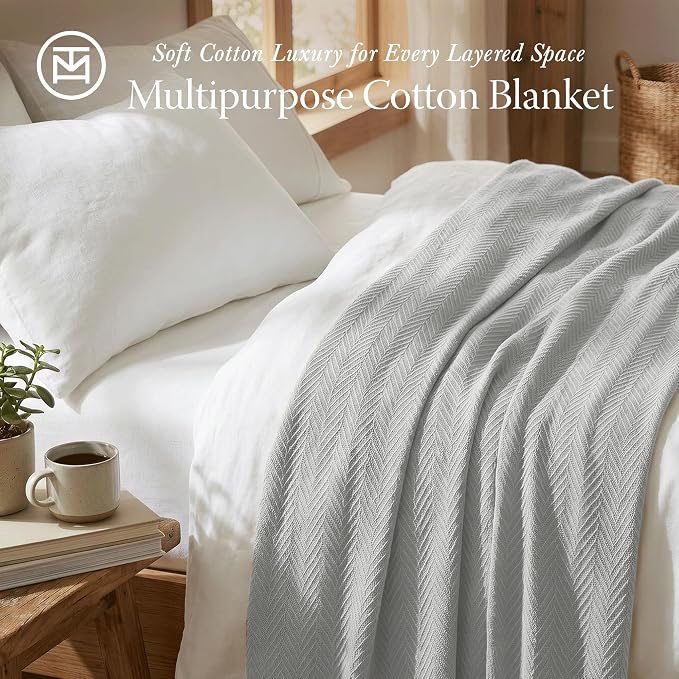 Threadmill Luxury Cotton Blankets for King Size Bed | All-Season Cozy 100% Cotton King Size Blanket | Herringbone Soft Fall Thermal Blanket fits California King Size Bed | Light Grey | 100% Cotton, Herringbone Pattern, 106x92 in, Breathable, All-Season... - Image 2