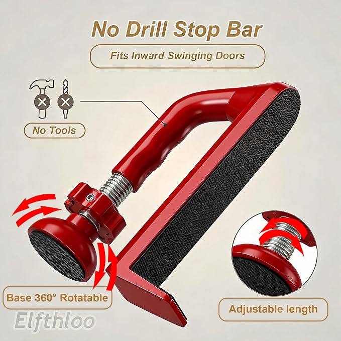 Portable Door Lock Travel Security, Red Anti-Theft Stopper | 202g lightweight, fits inward-swinging doors, tool-free install, aluminum, for hotels, Airbnbs, dorms, apartments - Image 3