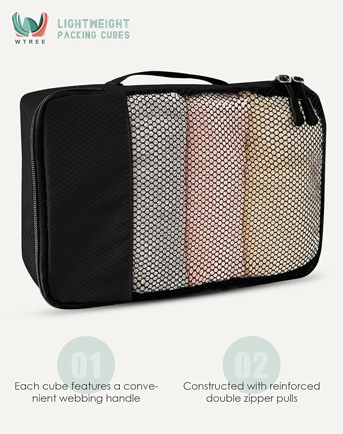 WTREE 4-Piece Packing Cubes Travel Accessories Set for Suitcases - Luggage Organizer Bags with Double Zipper - Mesh Top - Medium - Black - Image 4