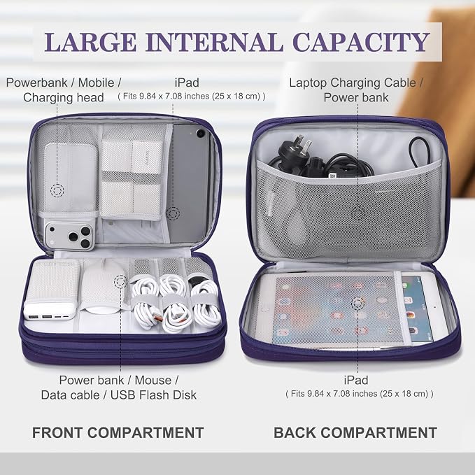 FYY Electronic Organizer, Travel Tech Pouch Bag, Extra Large, Purple | Wrist Strap, Waterproof, Double Layers Electronics Travel Case for iPad, Cord, Laptop Charger, Daily and Business Trips Use - Image 3