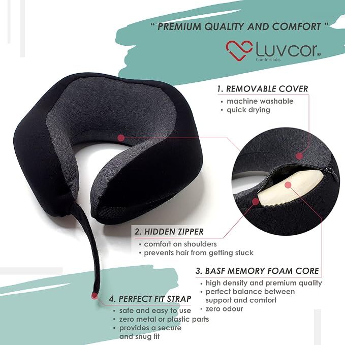 Premium Quality Memory Foam Travel Neck Pillow Bundle - Best Ergonomic Pillow for Airplane Travel, car Ride, Sleeping. Comes with Eye mask, earplugs and Storage Bag.(Stealth Black) - Image 3