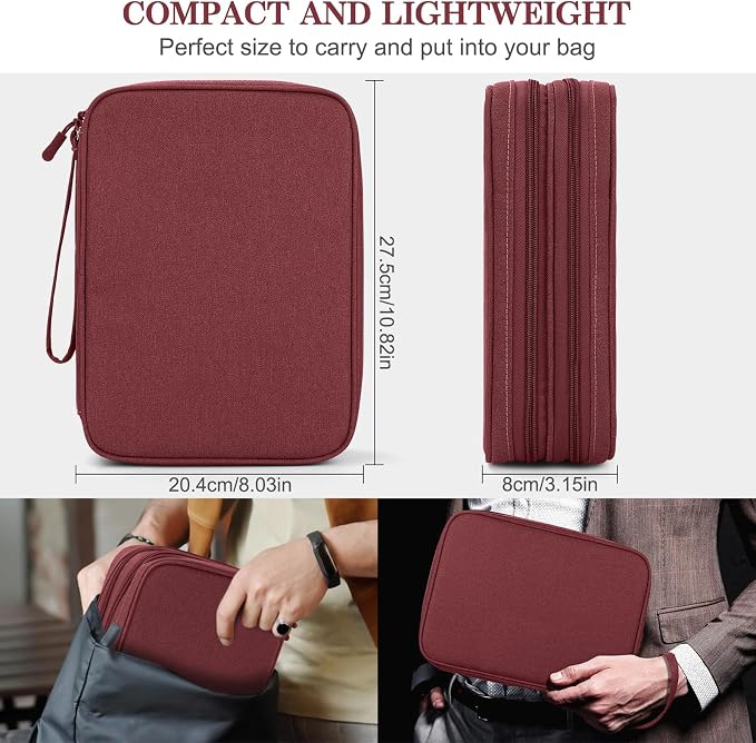 FYY Electronic Organizer, Travel Tech Pouch Bag, Extra Large, Wine Red | Wrist Strap, Waterproof, Double Layers Electronics Travel Case for iPad, Cord, Laptop Charger, Daily and Business Trips Use - Image 2
