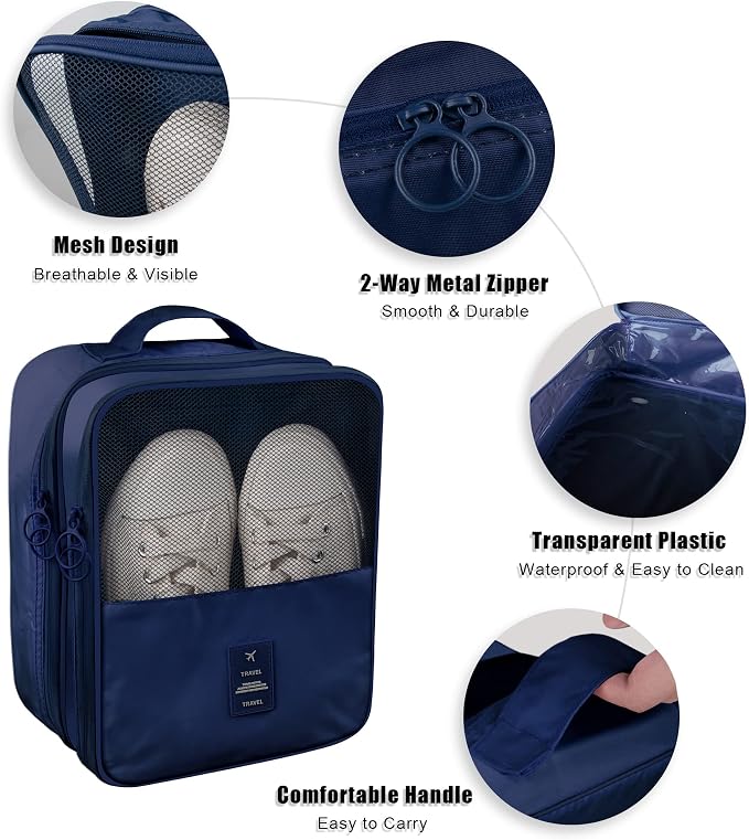 Travel Shoe Bags 2 Pcs of Shoe Organizers Set for Suitcase Hold 3 Pair of Shoes Waterproof Shoe Packing Cubes for Travel and Daily Use Storage Pouch with Handle (Navy blue+Beige) - Image 6