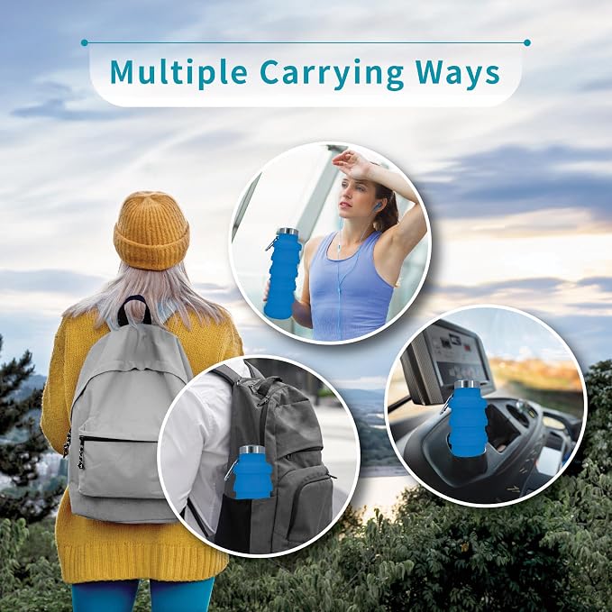 Collapsible Water Bottles 12oz, Odorless BPA-Free Silicone, Leak-Proof Foldable Reusable Bottle - Perfect for Travel Sports Gym Hiking Camping Cycling - Light Blue - Image 5